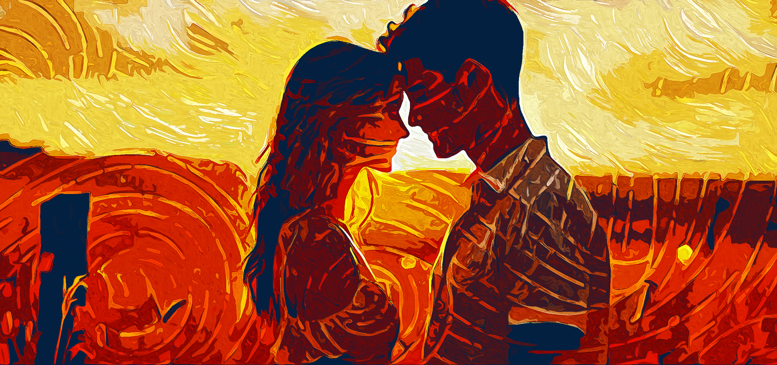 A couple standing close together in a warm golden field
