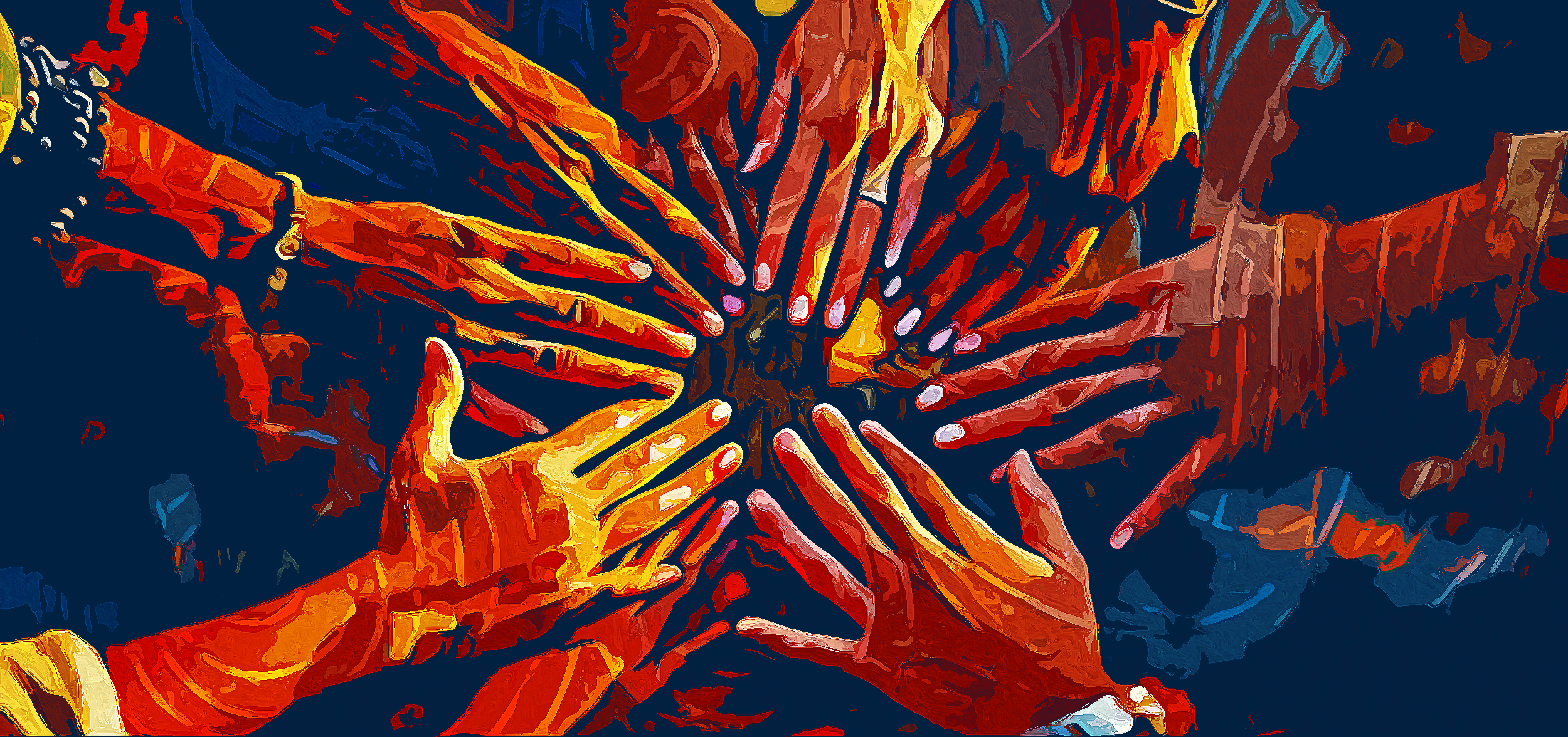 Many hands reaching together in a circle, painted in fiery reds, oranges, and golds