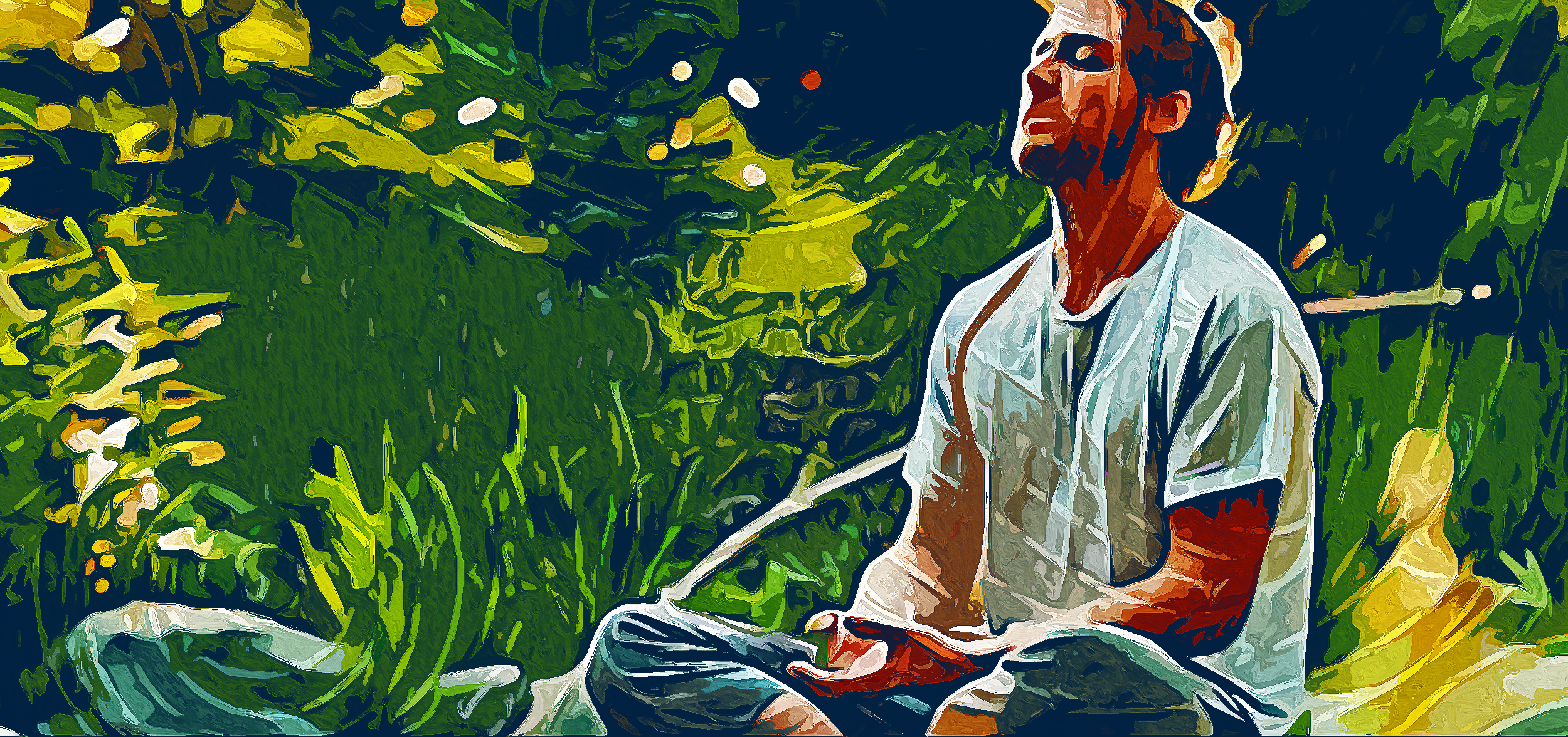 A man meditating peacefully in a lush garden, painted in vivid greens and golds